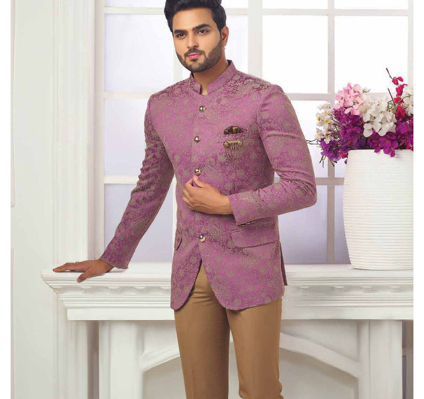 Dusty Rose Jodhpuri Suit, Men's Indian Wedding Outfit, Bandhgala Suits
