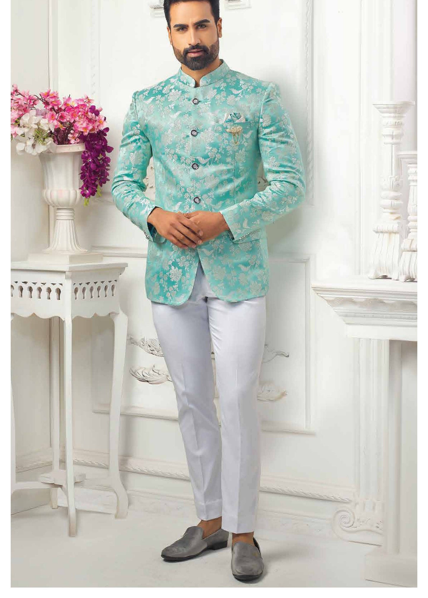 Green Printed Jodhpuri Suit: Bespoke Groom Wedding Outfit