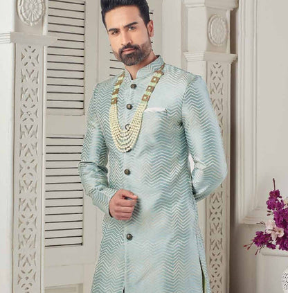 Men's Sherwani Indian Wedding Outfit - Zigzag Patterned Silk Blend Kurta Pajama Set
