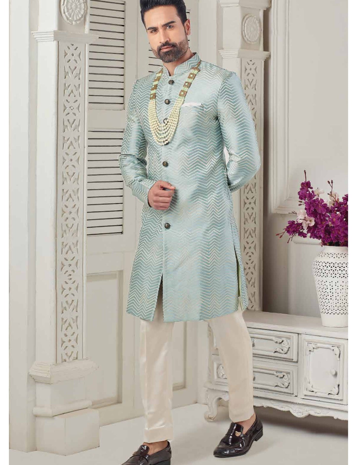 Men's Sherwani Indian Wedding Outfit - Zigzag Patterned Silk Blend Kurta Pajama Set