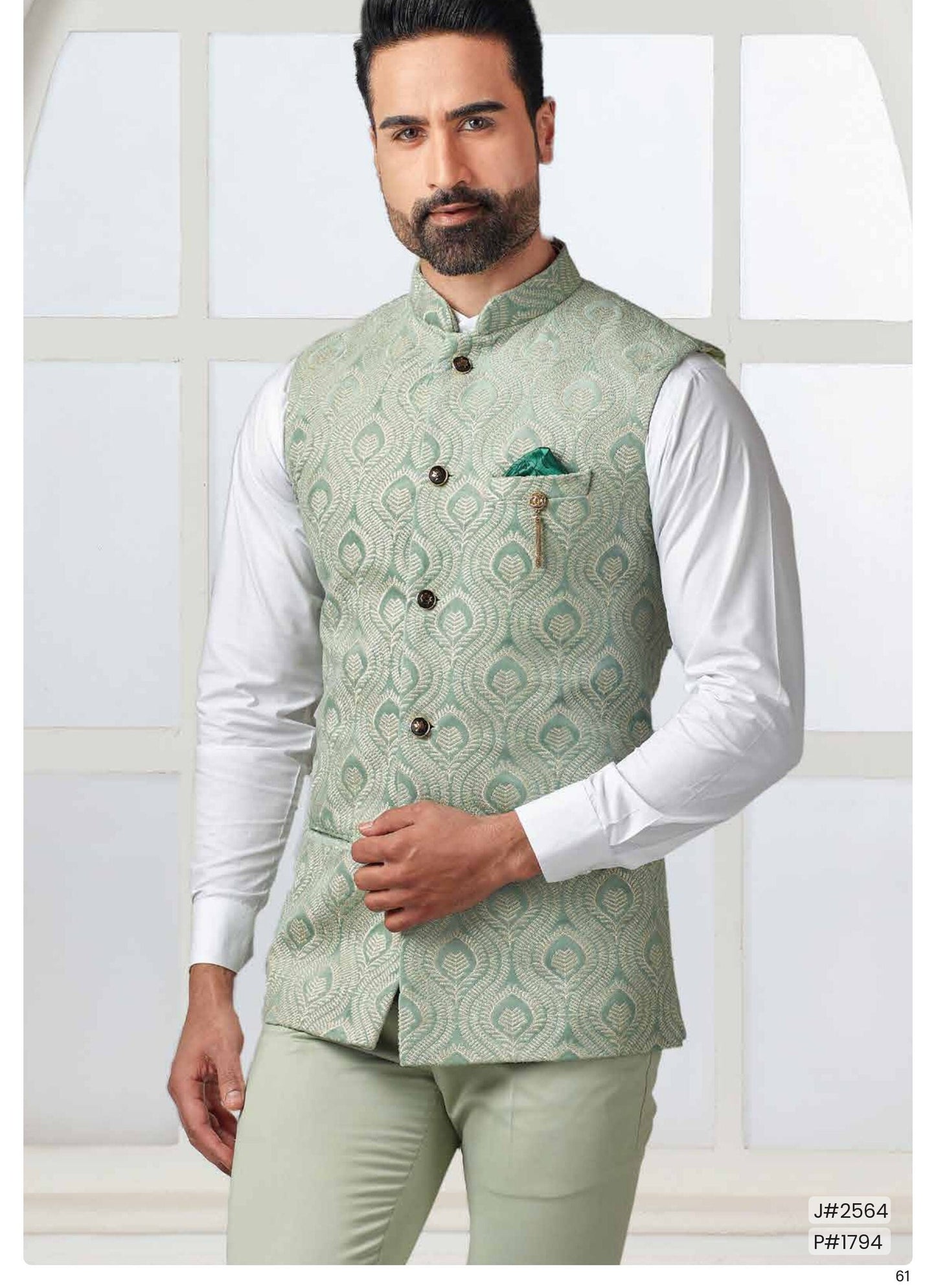 Sage Green Nehru Jacket, Classic Indian Wedding Attire, green velvet Thread embroidery waistcoat