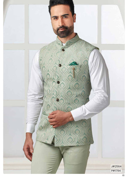 Sage Green Nehru Jacket, Classic Indian Wedding Attire, green velvet Thread embroidery waistcoat