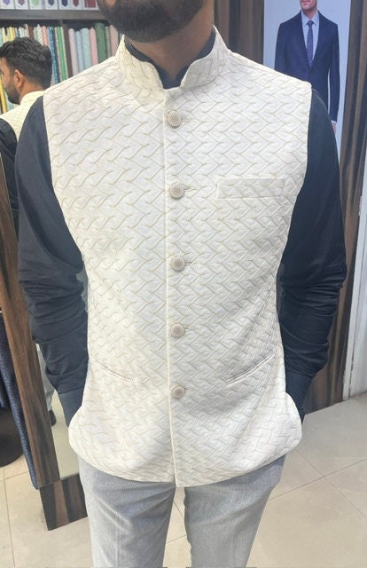 White Nehru Jacket for Men: Wedding Groom Modi Waistcoat