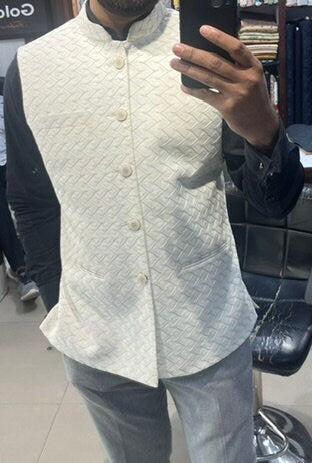 White Nehru Jacket for Men: Wedding Groom Modi Waistcoat
