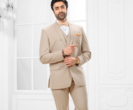 Beige Three Piece Suit: Stylish Bespoke Men's Wedding Suit