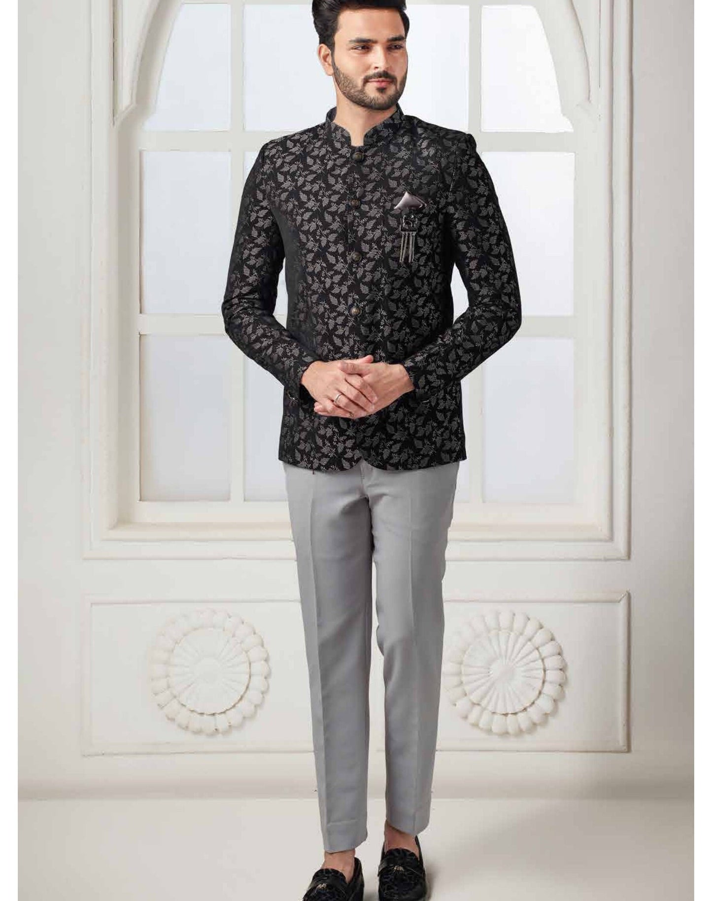 Black Printed Jodhpuri Suit: Men's Wedding Prince Suit