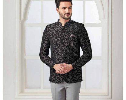 Black Printed Jodhpuri Suit: Men's Wedding Prince Suit