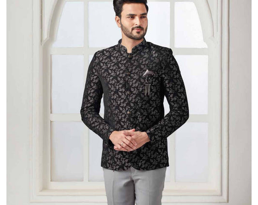 Black Printed Jodhpuri Suit: Men's Wedding Prince Suit