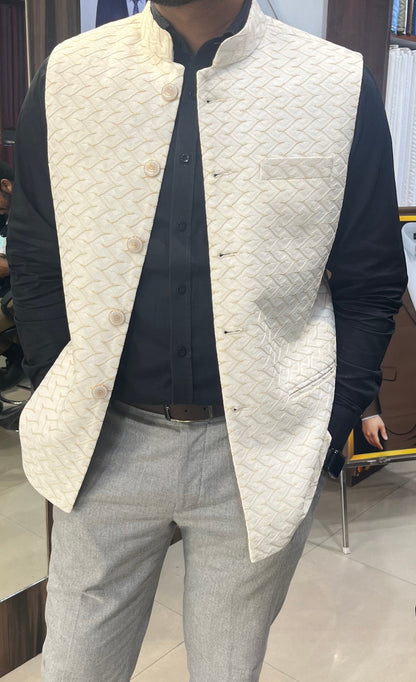 White Nehru Jacket for Men: Wedding Groom Modi Waistcoat
