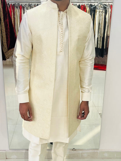 Ivory Kurta Pajama with Jacket, Handcrafted Indian Wedding Outfit