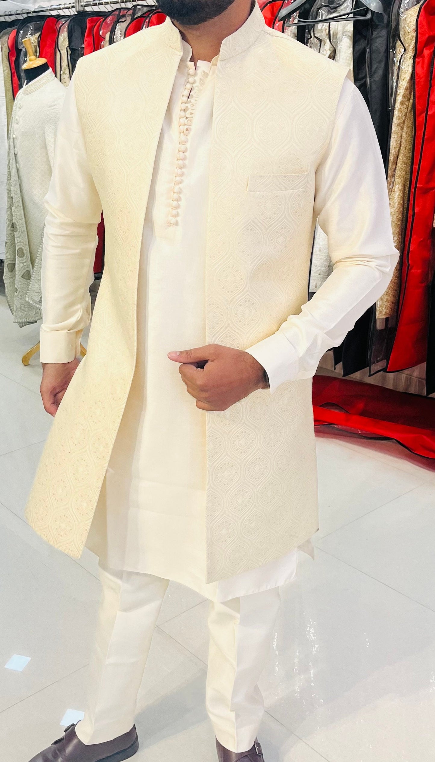 Ivory Kurta Pajama with Jacket, Handcrafted Indian Wedding Outfit