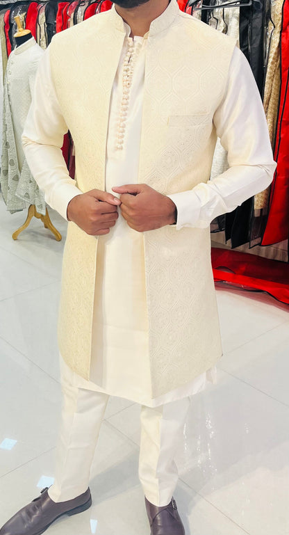 Ivory Kurta Pajama with Jacket, Handcrafted Indian Wedding Outfit