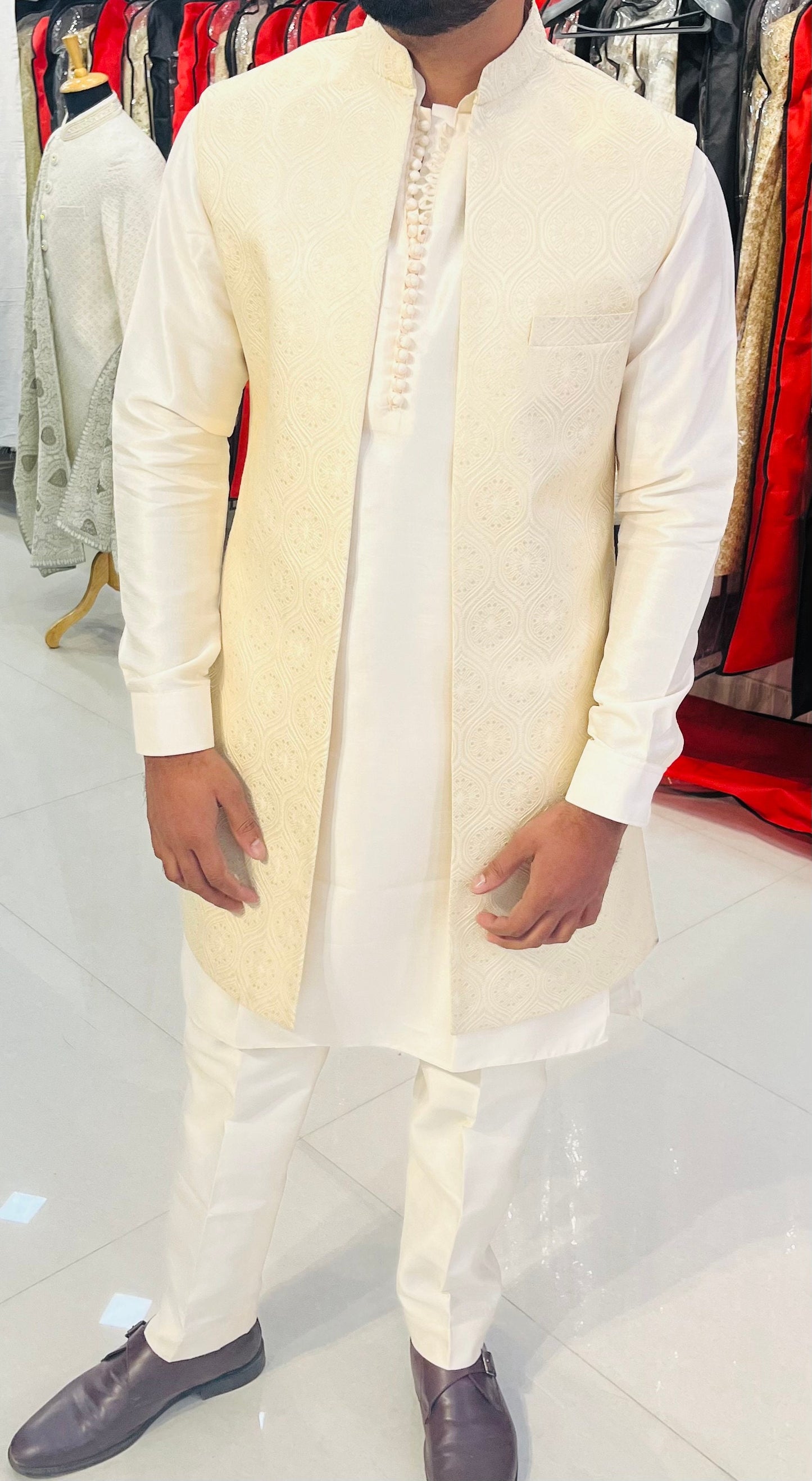 Ivory Kurta Pajama with Jacket, Handcrafted Indian Wedding Outfit