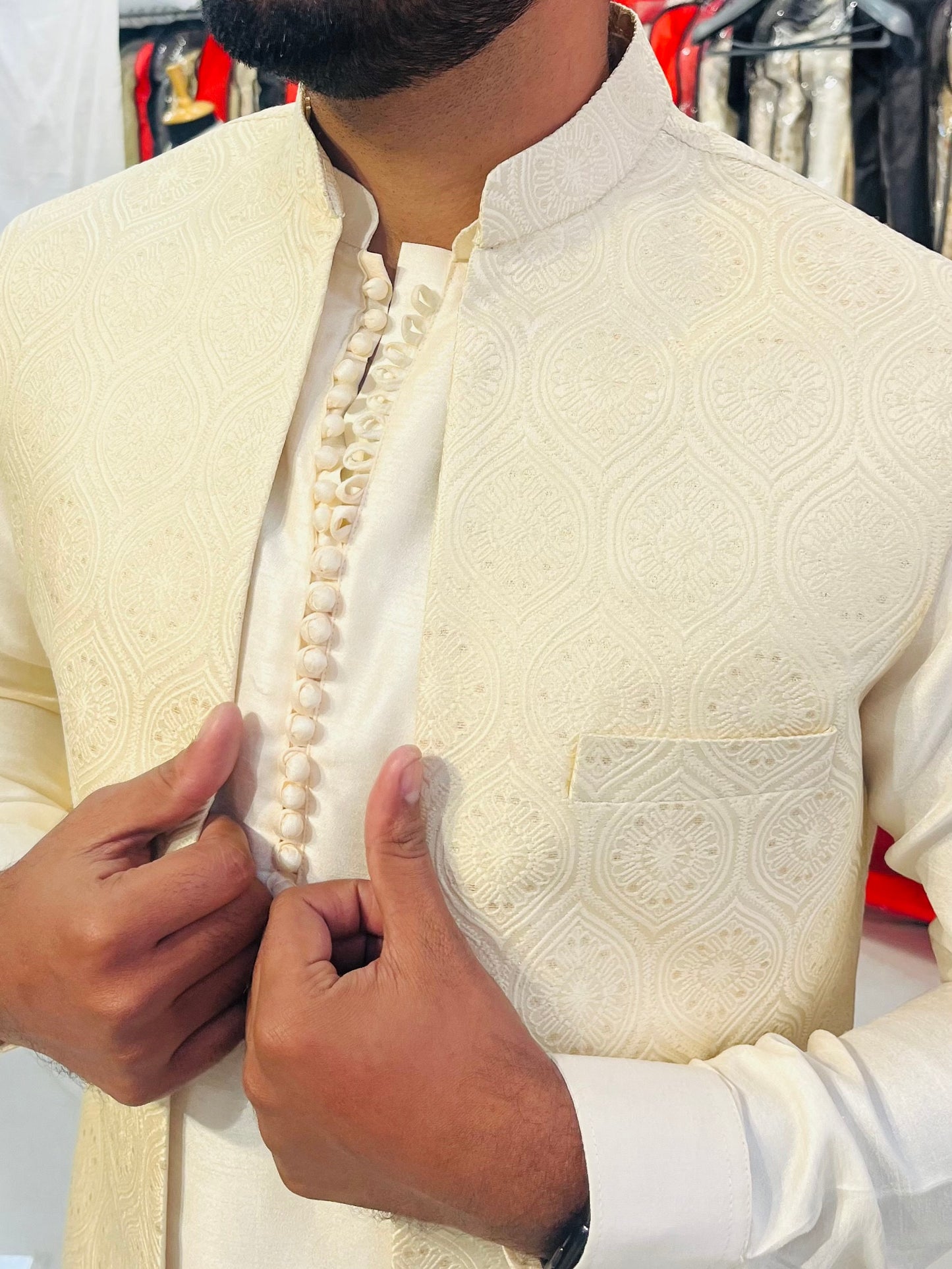 Ivory Kurta Pajama with Jacket, Handcrafted Indian Wedding Outfit