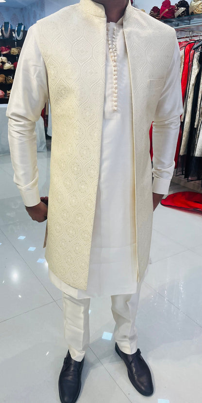 Ivory Kurta Pajama with Jacket, Handcrafted Indian Wedding Outfit