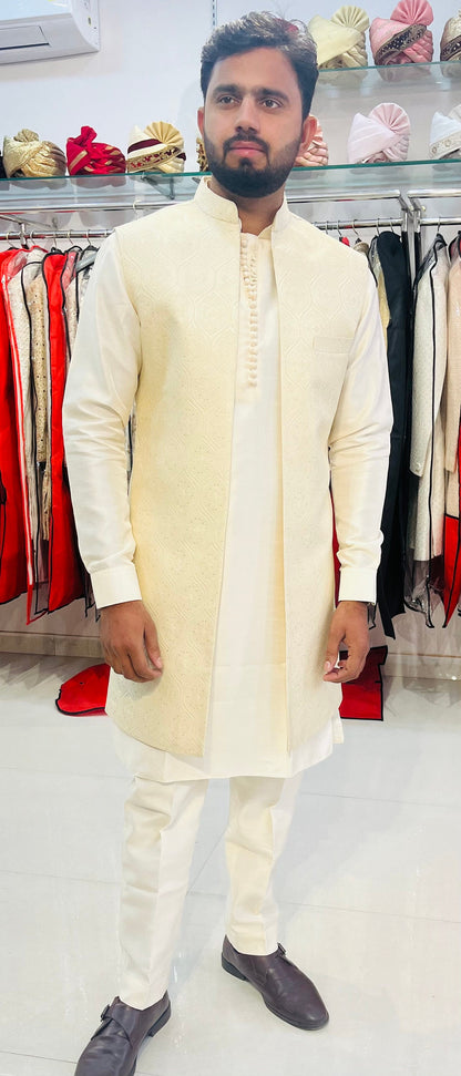 Ivory Kurta Pajama with Jacket, Handcrafted Indian Wedding Outfit