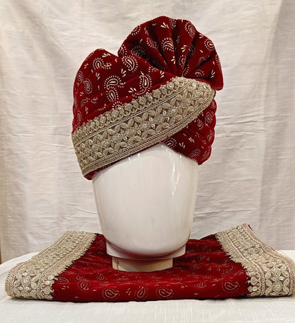 Red Wedding Turban & Shawl Set, Indian Groom Safa Combo, velvet golden print safa stole
