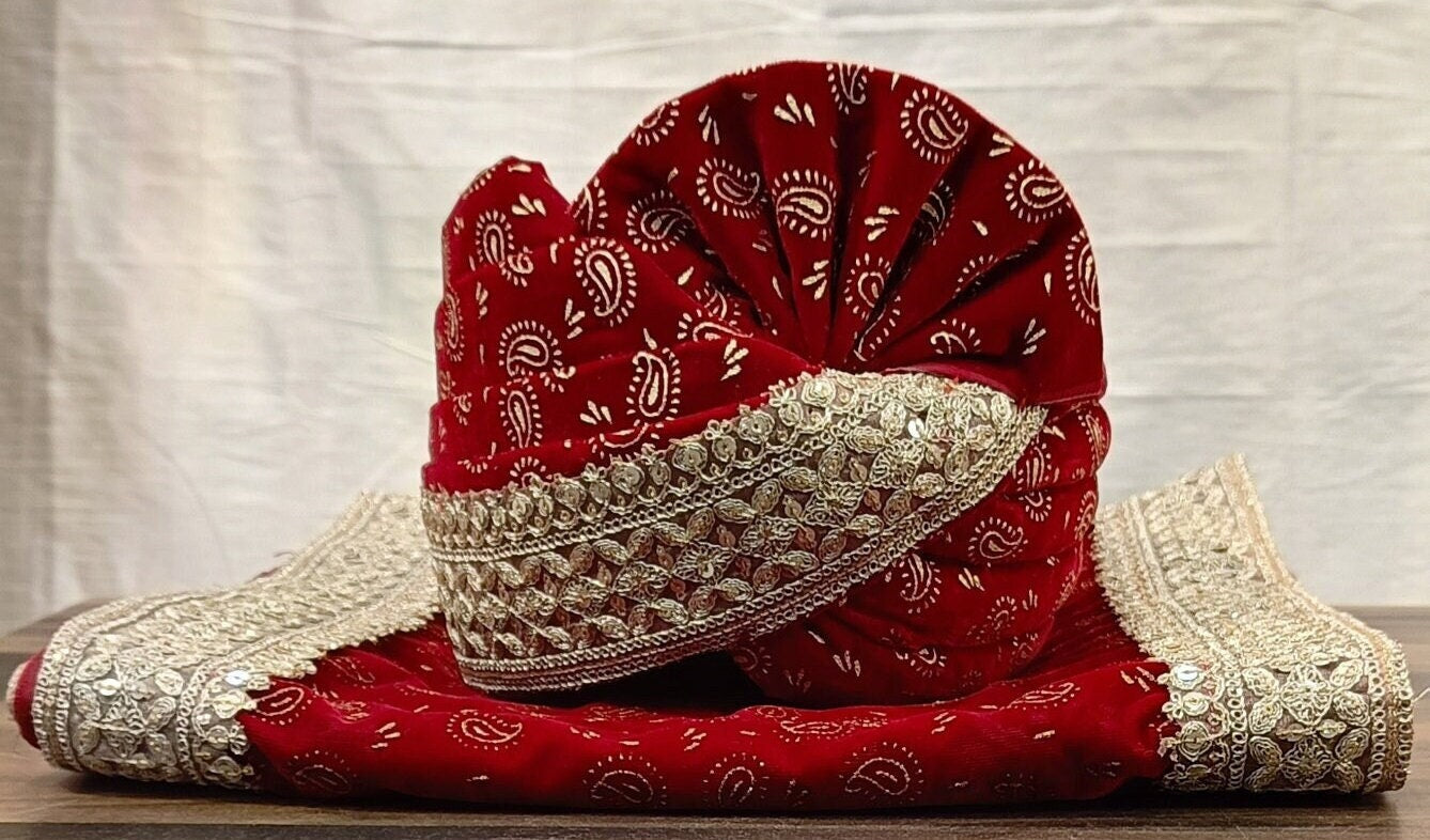 Red Wedding Turban & Shawl Set, Indian Groom Safa Combo, velvet golden print safa stole