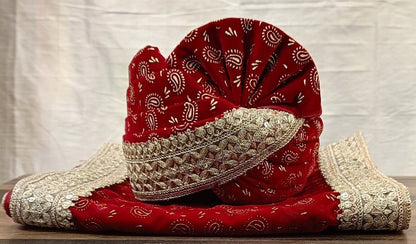 Red Wedding Turban & Shawl Set, Indian Groom Safa Combo, velvet golden print safa stole