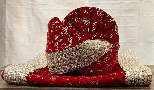 Red Wedding Turban & Shawl Set, Indian Groom Safa Combo, velvet golden print safa stole