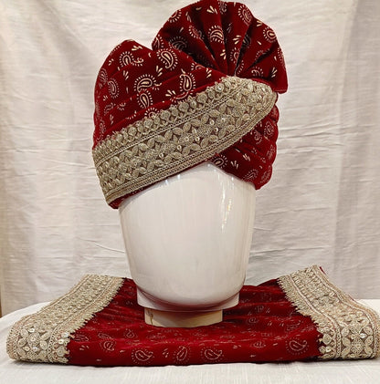 Red Wedding Turban & Shawl Set, Indian Groom Safa Combo, velvet golden print safa stole