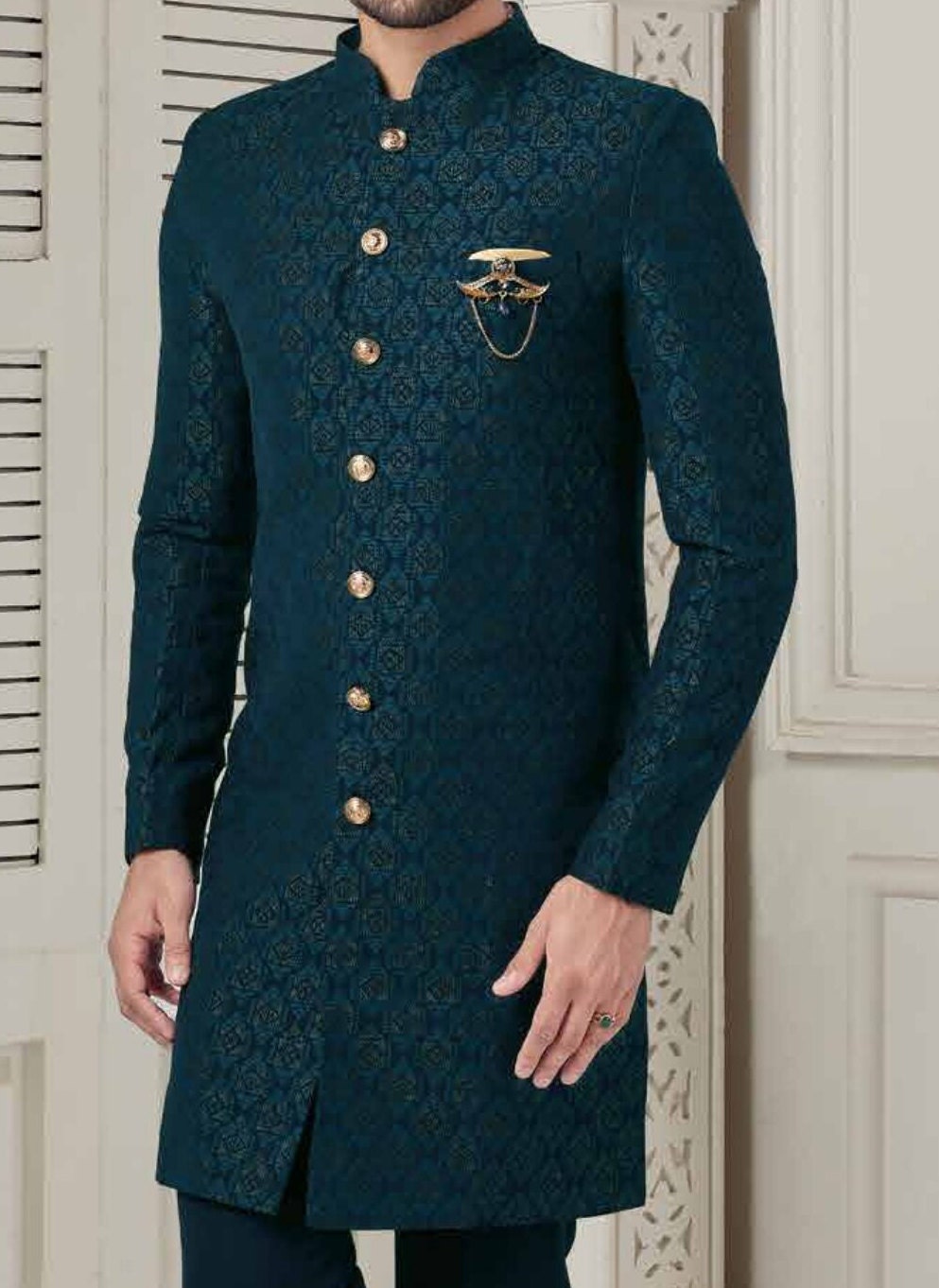 Peacock Blue Groom Achkan, Jacquard Indo-Western Wedding Outfit