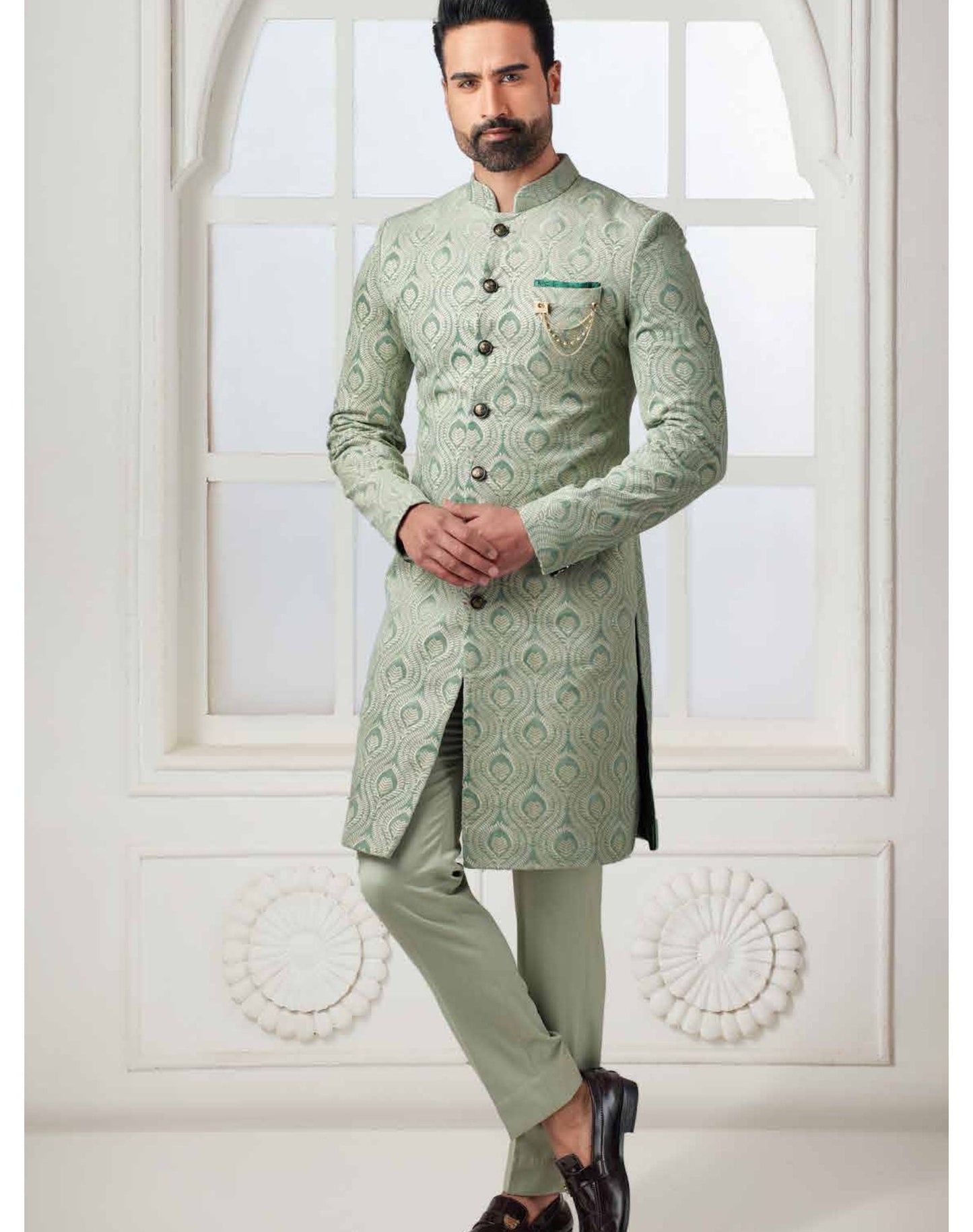 Sage Green Embroidered Sherwani Set, Indian Wedding Groom Outfit, Indo Western for men