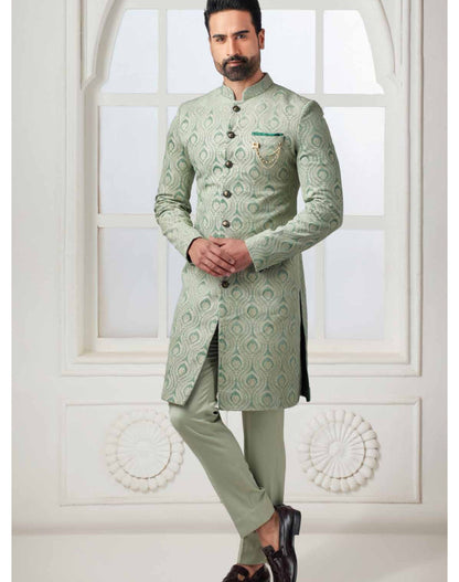 Sage Green Embroidered Sherwani Set, Indian Wedding Groom Outfit, Indo Western for men
