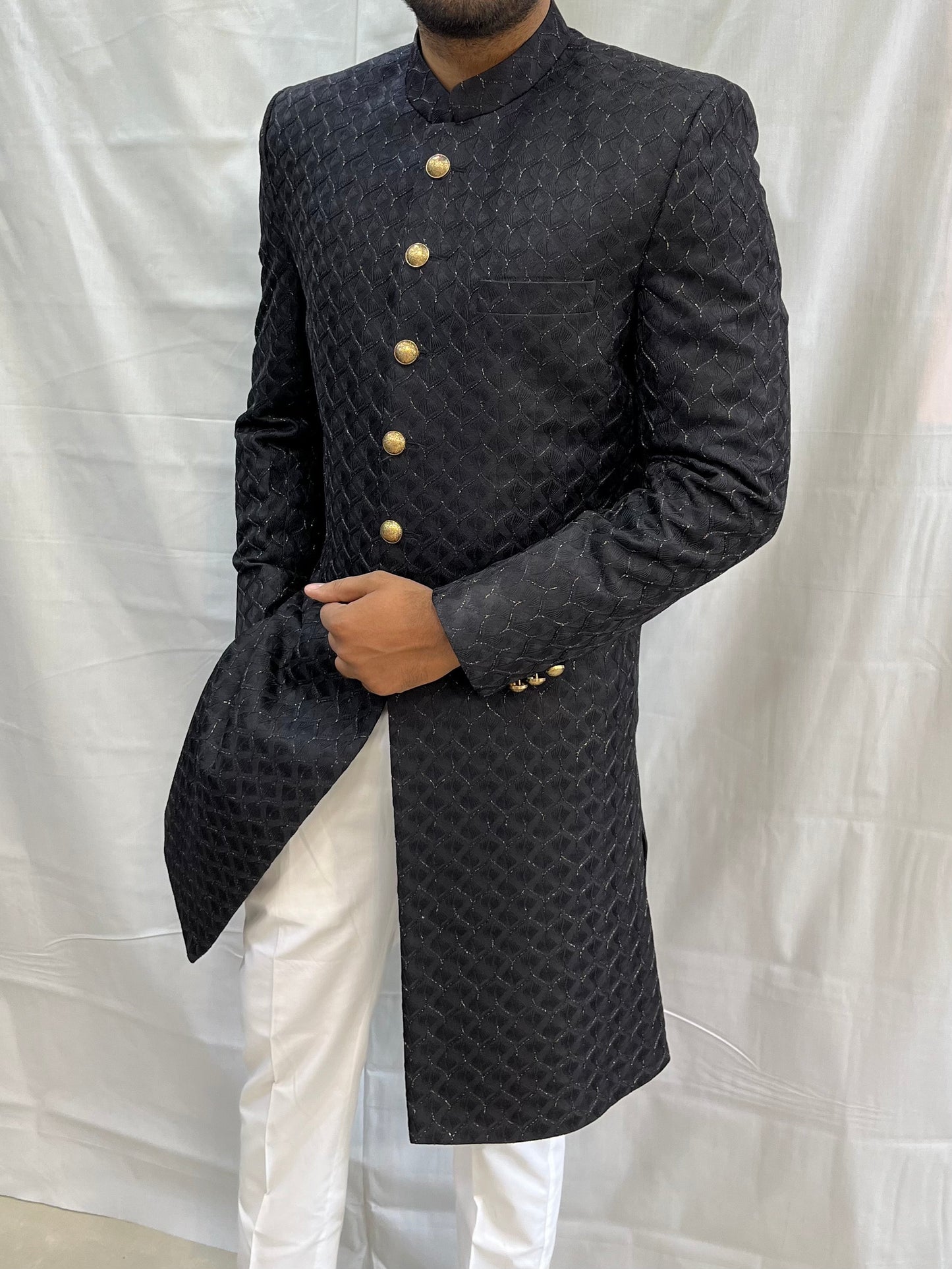 Ivory Velvet Indo Western Sherwani for Men, Custom Fit Groom Achkan Set