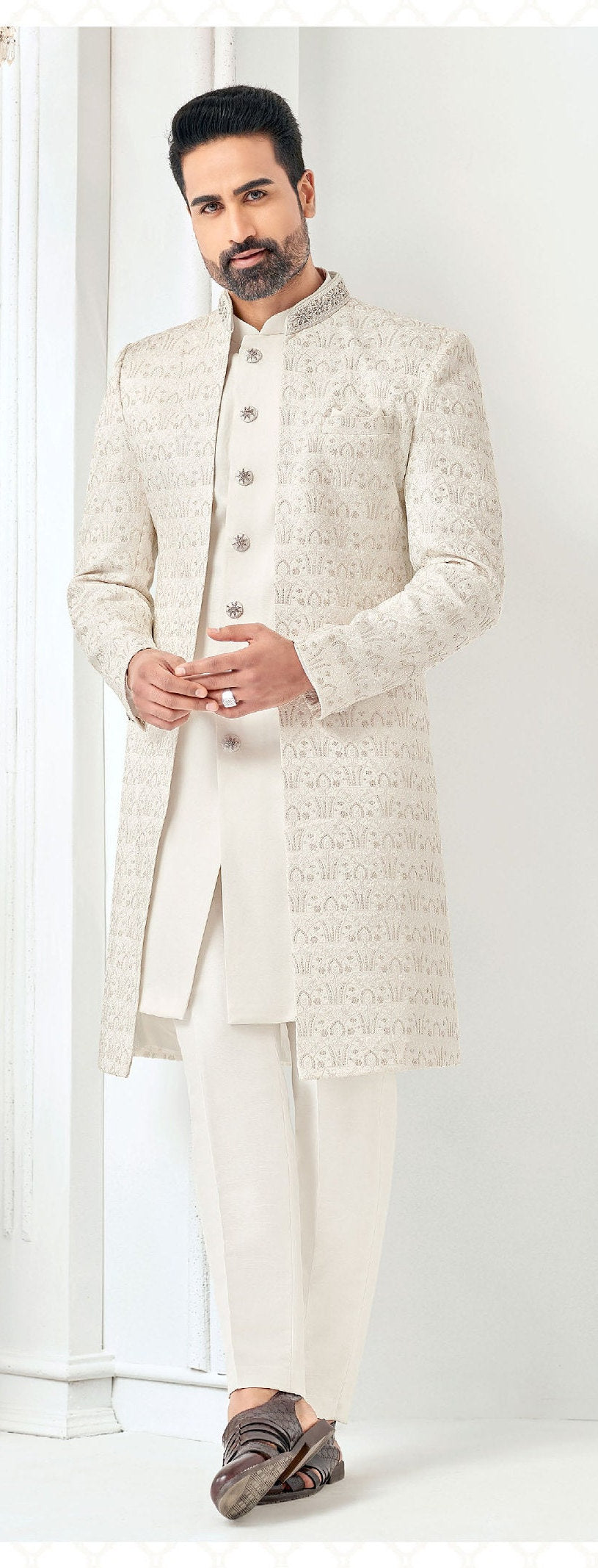 Ivory Sherwani, Groom Wedding Outfit, Shrug Style