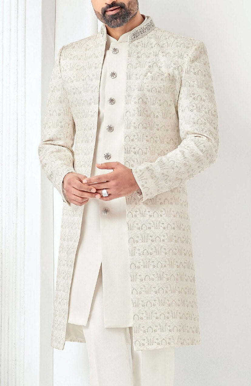 Ivory Sherwani, Groom Wedding Outfit, Shrug Style