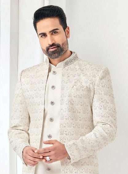 Ivory Sherwani, Groom Wedding Outfit, Shrug Style