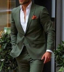 Men's Olive Green Two-Piece Suit, Custom Fit Wedding Suit