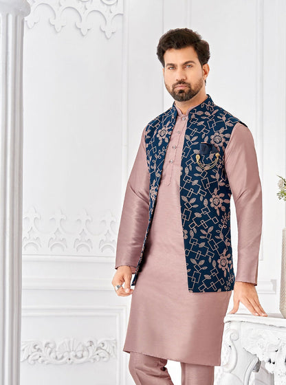 Lavender Kurta Pajama with Blue Floral Nehru Jacket: Men's Wedding Outfit
