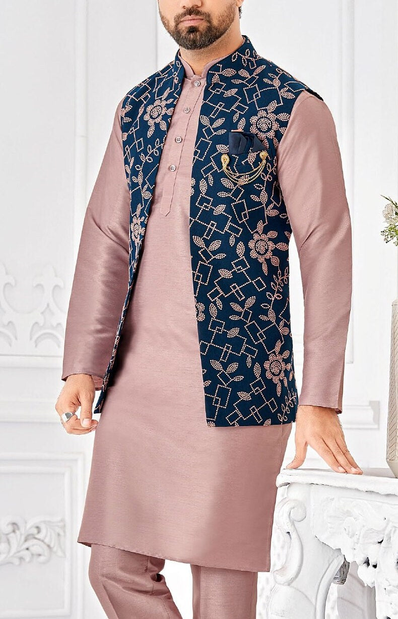Lavender Kurta Pajama with Blue Floral Nehru Jacket: Men's Wedding Outfit