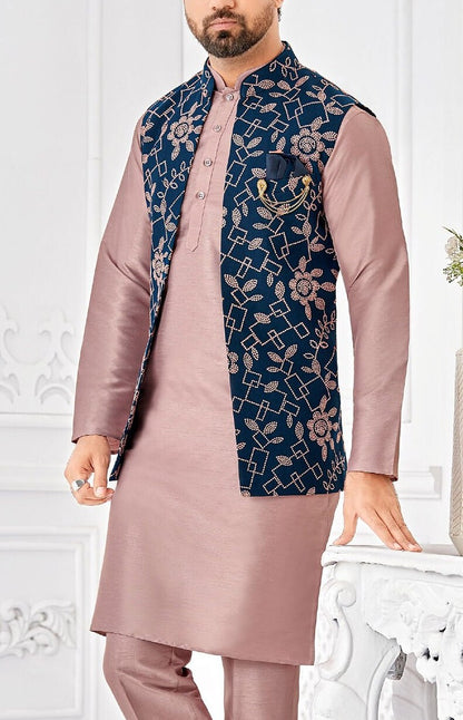 Lavender Kurta Pajama with Blue Floral Nehru Jacket: Men's Wedding Outfit