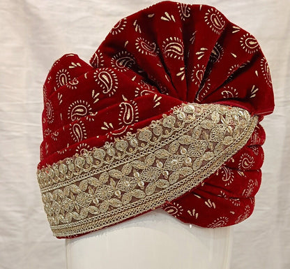 Red Wedding Turban & Shawl Set, Indian Groom Safa Combo, velvet golden print safa stole