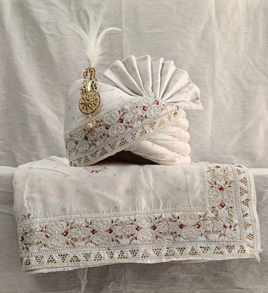 White Wedding Turban & Shawl Set: Indian Groom Safa