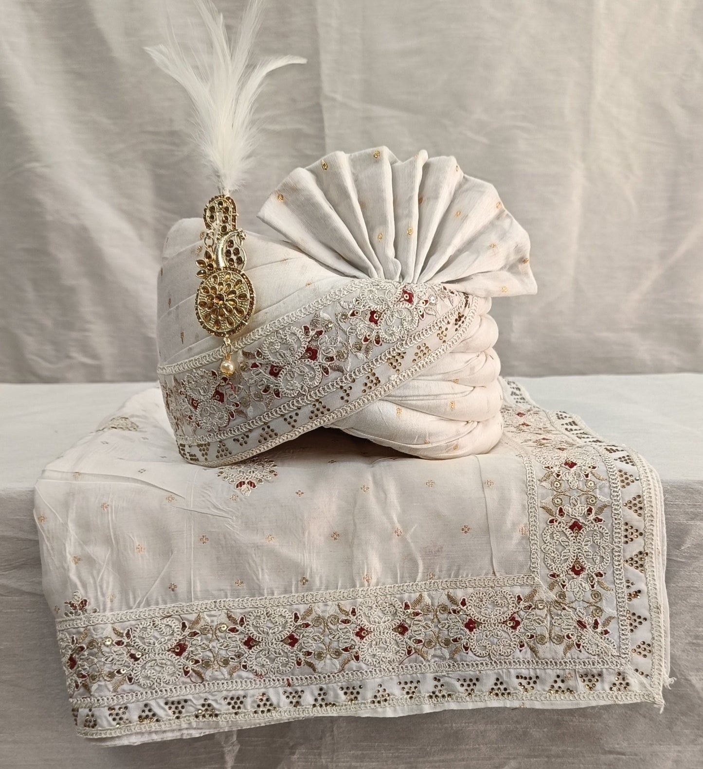 White Wedding Turban & Shawl Set: Indian Groom Safa