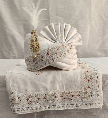 White Wedding Turban & Shawl Set: Indian Groom Safa
