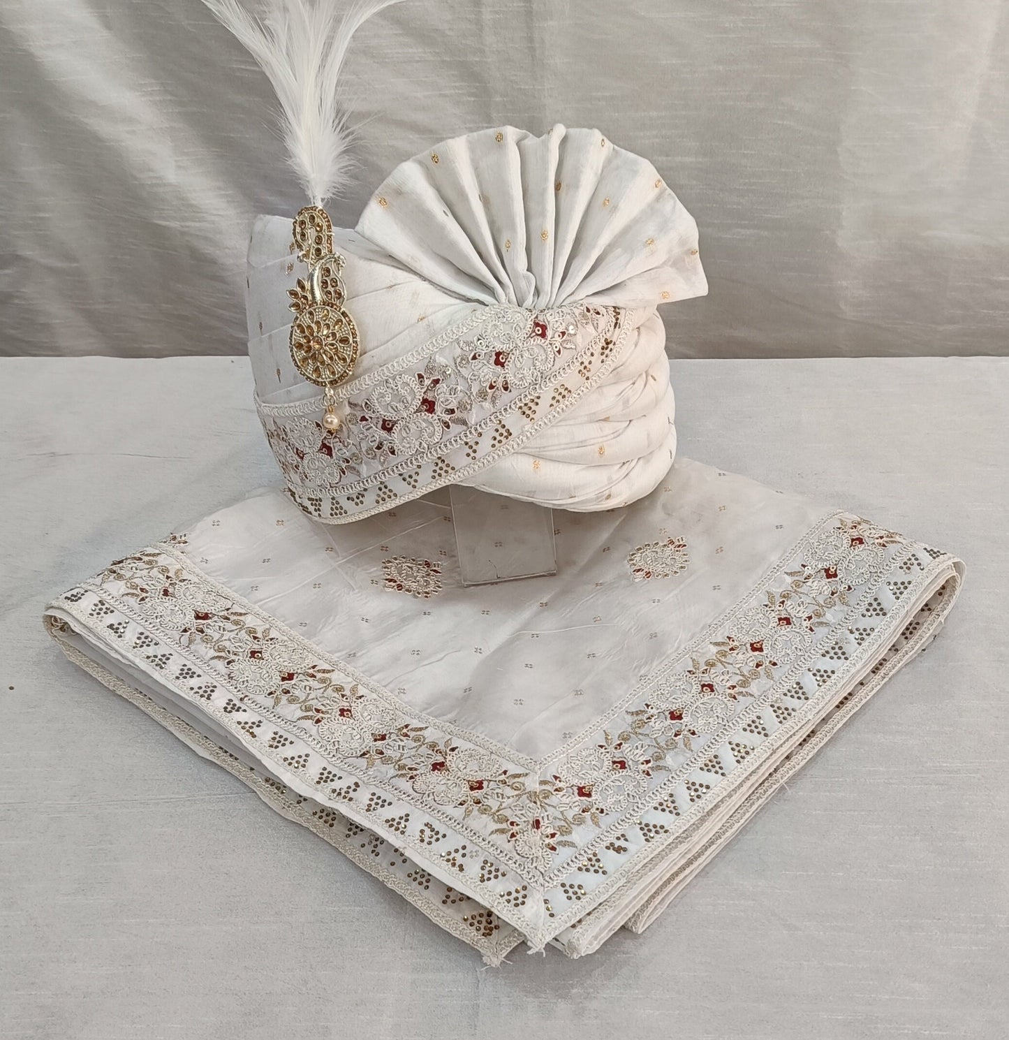 White Wedding Turban & Shawl Set: Indian Groom Safa