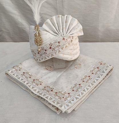 White Wedding Turban & Shawl Set: Indian Groom Safa