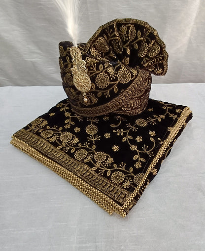Black Wedding Turban & Shawl Set: Indian Groom Safa