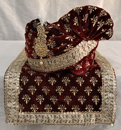 Indian Groom Turban & Shawl Set for Men, Embroidery Border Stole for Sherwani