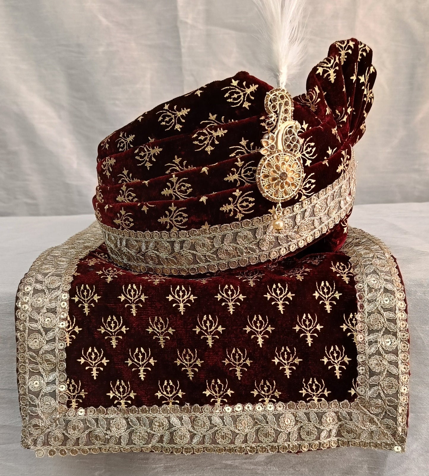 Indian Groom Turban & Shawl Set for Men, Embroidery Border Stole for Sherwani