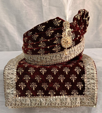 Indian Groom Turban & Shawl Set for Men, Embroidery Border Stole for Sherwani