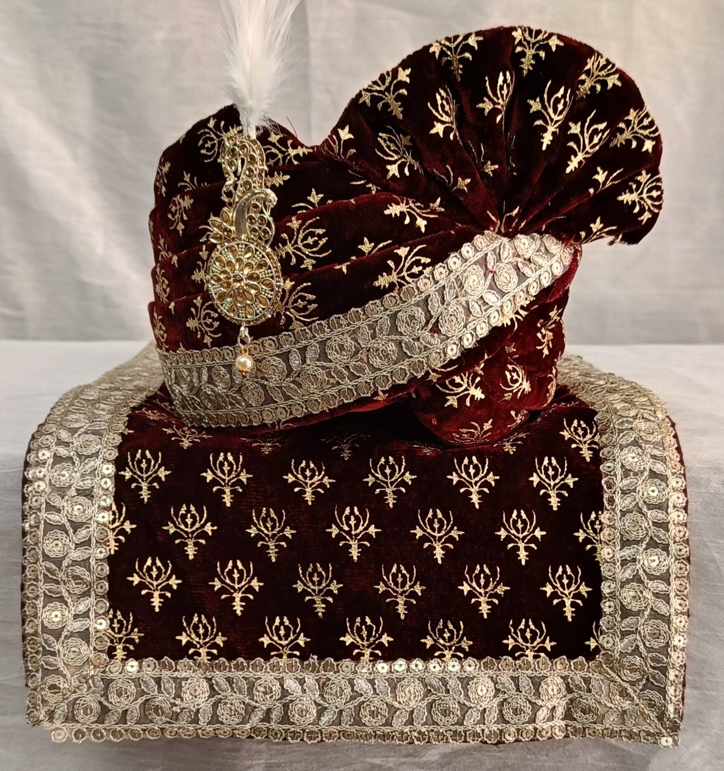 Indian Groom Turban & Shawl Set for Men, Embroidery Border Stole for Sherwani