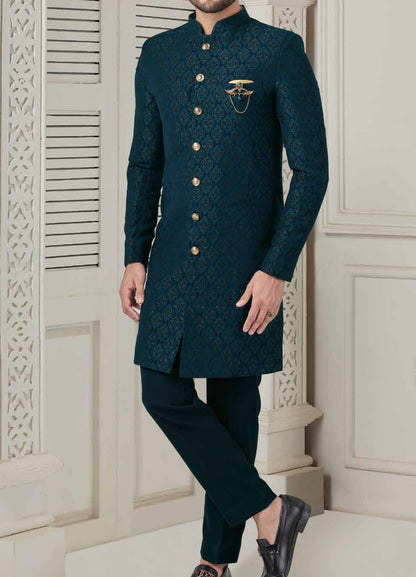 Peacock Blue Groom Achkan, Jacquard Indo-Western Wedding Outfit