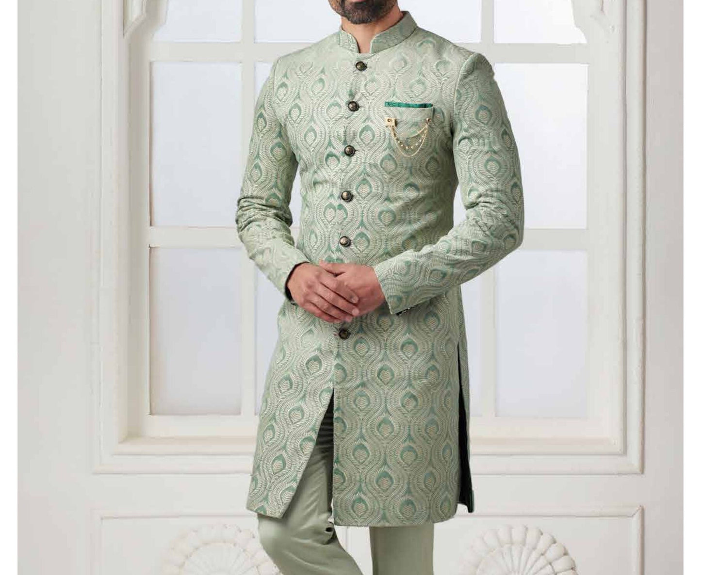 Sage Green Embroidered Sherwani Set, Indian Wedding Groom Outfit, Indo Western for men