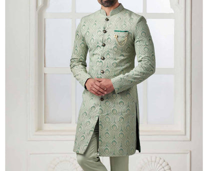 Sage Green Embroidered Sherwani Set, Indian Wedding Groom Outfit, Indo Western for men